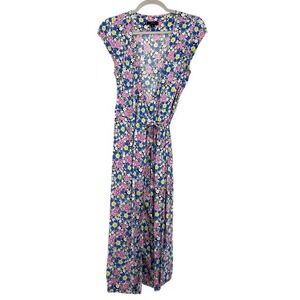 J. Crew Blue Floral Print Midi Dress True Wrap Style Short Sleeve Small Petite
